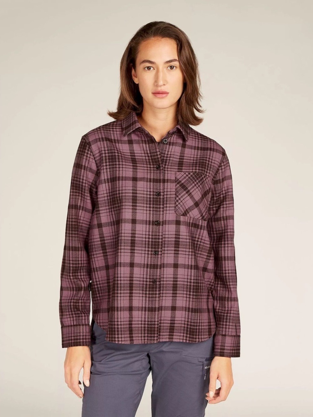 Icebreaker Merino 200 Dawnder LS Flannel Shirt Plaid Small Bittersweet Mauve